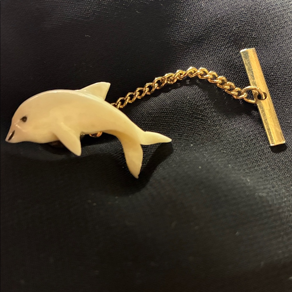 Carved Dolphin Tie Tack with Gold-Tone Chain